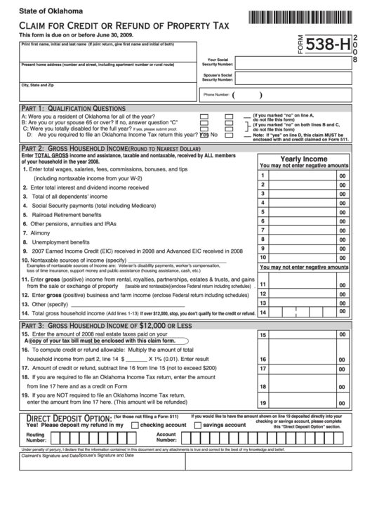 Fillable Form 538-H - Oklahoma Claim For Credit Or Refund Of Property Tax - 2008 Printable pdf