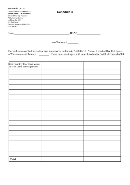Form 61a508 - Schedule 4 - Commonwealth Of Kentucky Department Of Revenue Printable pdf