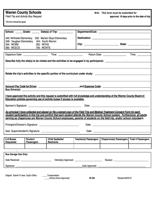 Form Is-109 - Field Trip And Activity Bus Request
