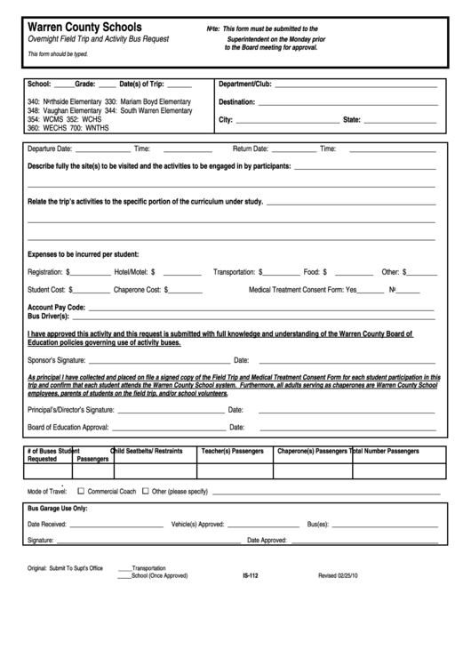 Fillable Form Is-112 - Overnight Field Trip And Activity Bus Request Printable pdf
