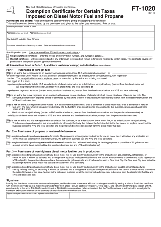 Form Ft-1020 - Exemption Certificate For Certain Taxes Imposed On Diesel Motor Fuel And Propane Printable pdf