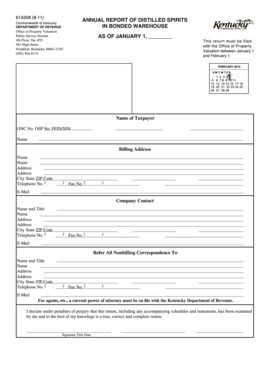 Form 61a508 - Annual Report Of Distilled Spirits In Bonded Warehouse - Commonwealth Of Kentucky Department Of Revenue Printable pdf