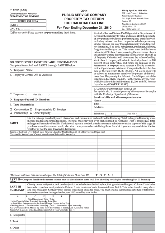 Form 61a202 Public Service Company Property Tax Return For Railroad Car Line 2011 Printable 3844