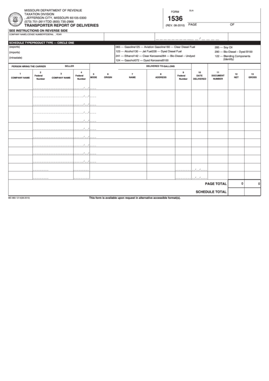 Fillable Form 1536 - Transporter Report Of Deliveries Printable pdf