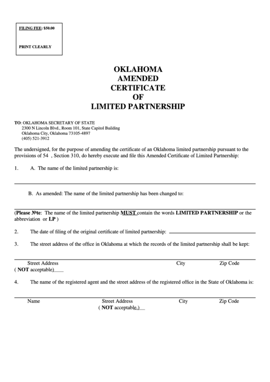 Fillable Sos Form 0029 - Amended Certificate Of Limited Partnership - Ok Secretary Of State Printable pdf