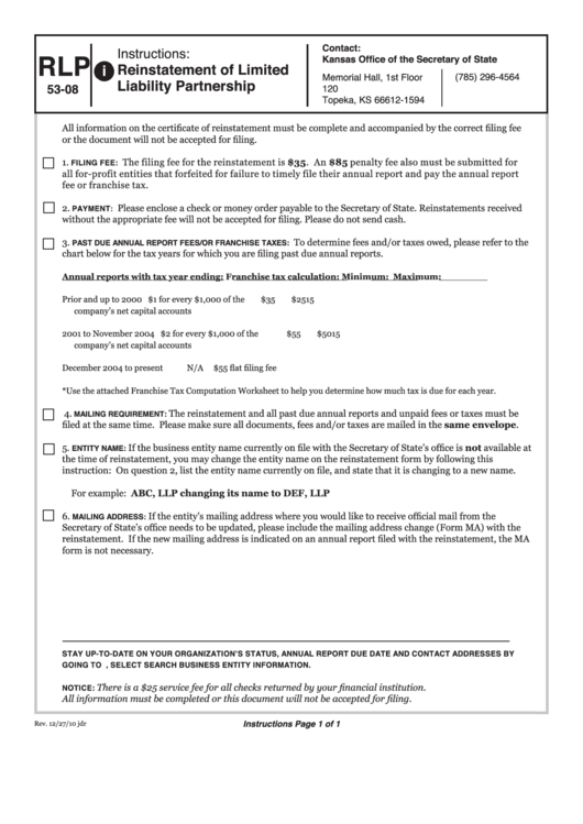 Form Rlp 53-08 - Instructions: Reinstatement Of Limited Liability Partnership - 2010 Printable pdf