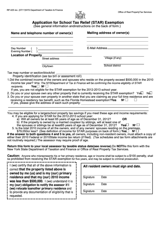 form-rp-425-application-for-school-tax-relief-star-exemption-2011