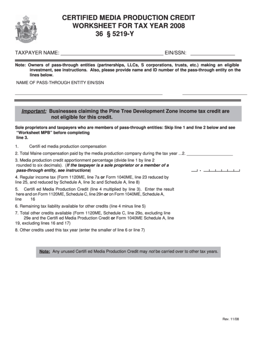 Certified Media Production Credit Worksheet For Tax Year - 2008 Printable pdf