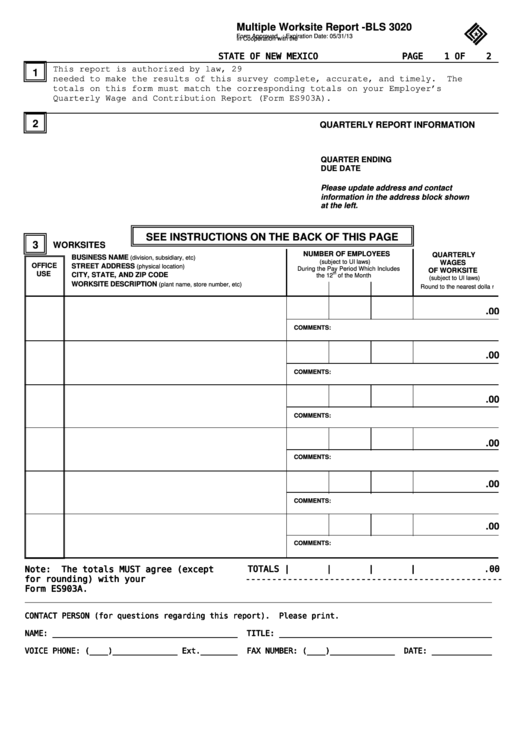 Fillable Form Bls 3020 - Multiple Worksite Report - 2013 Printable pdf