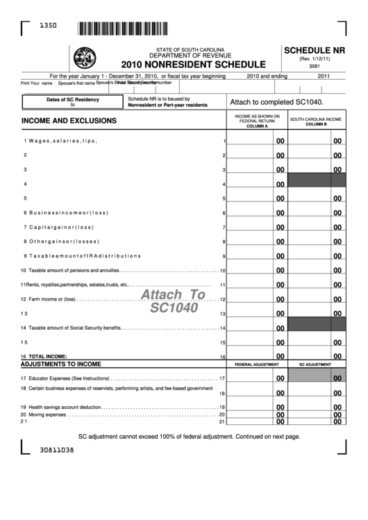 Form 3081 - Schedule Nr - Nonresident Schedule - 2010 Printable pdf
