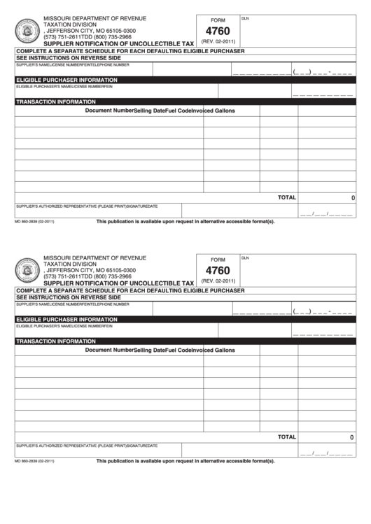 Fillable Form 4760 - Supplier Notification Of Uncollectible Tax Printable pdf