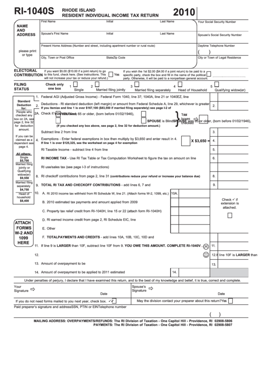Form Ri-1040s - Resident Individual Income Tax Return - 2010 Printable pdf