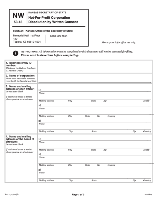Form Nw 53-13 - Not-For-Profit Corporation Dissolution By Written Consent - Kansas Secretary Of State Printable pdf