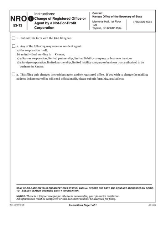 Form Nro 53-13 - Change Of Registered Office Or Agent By A Not-For-Profit Corporation - Kansas Secretary Of State Printable pdf