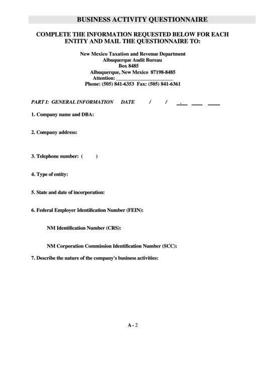 Business Activity Questionnaire Form Printable pdf
