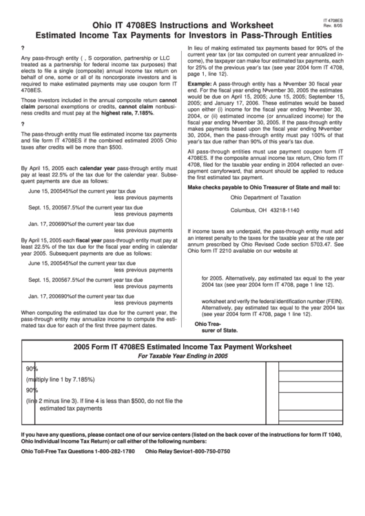 Form It 4708es - Estimated Income Tax Payments For Investors In Pass