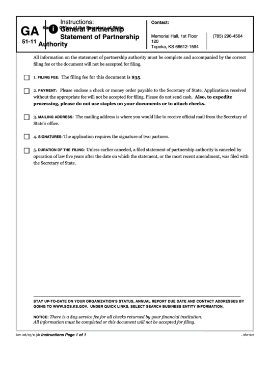 Form Ga 51-11 - General Partnership Statement Of Partnership Authority - Kansas Secretary Of State Printable pdf