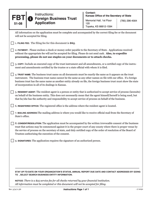 Form Fbt 51-08 - Foreign Business Trust Application Printable pdf