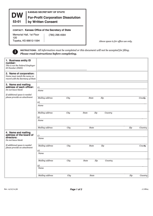 Form Dw 53-01 - For-Profit Corporation Dissolution By Written Consent - Kansas Secretary Of State Printable pdf