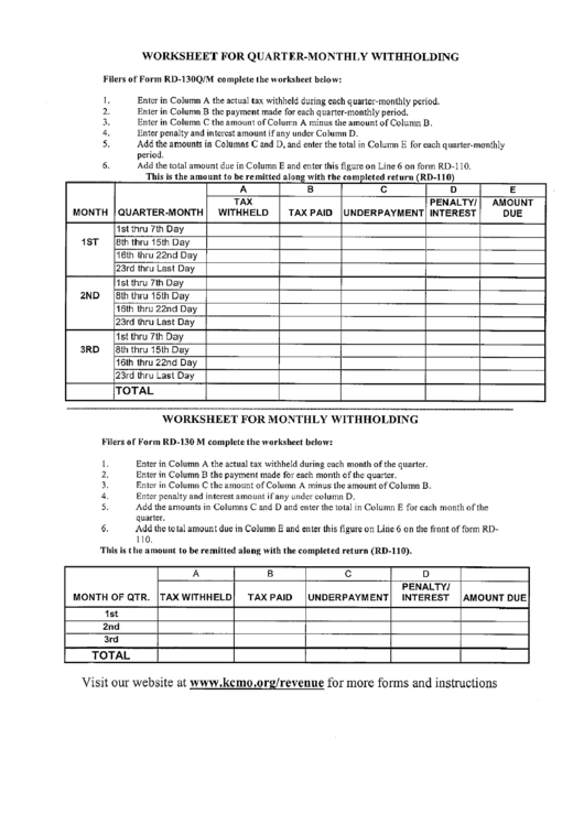 Worksheet For Quarter-Monthly Withholding Printable pdf
