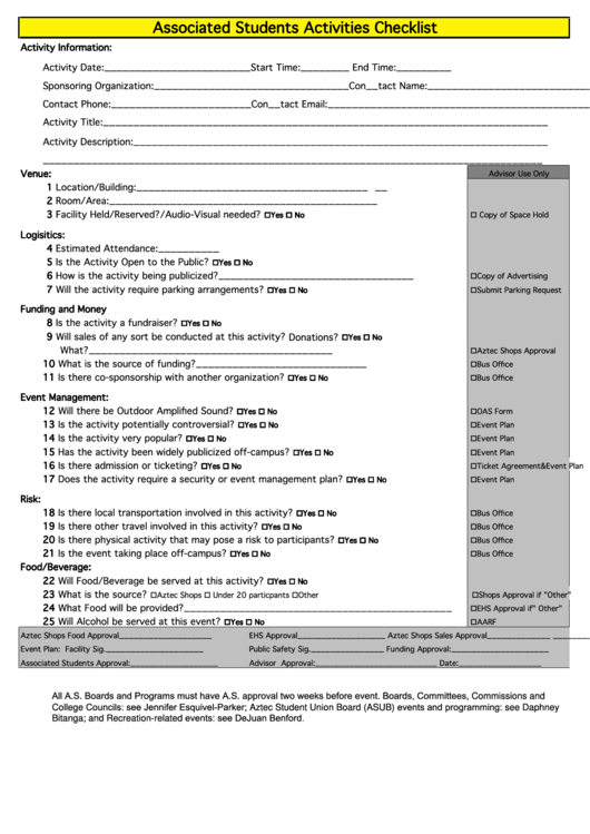 Fillable Associated Students Activities Checklist Template Printable pdf