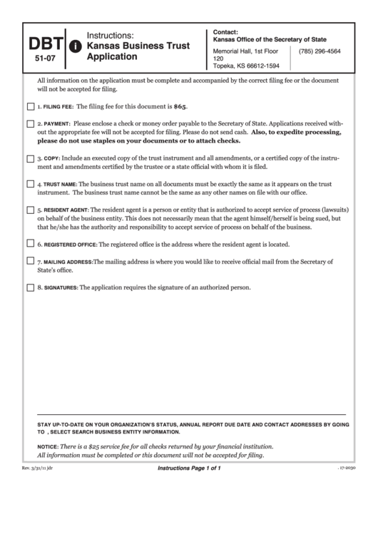 Form Dbt 51-07 - Kansas Business Trust Application Printable pdf