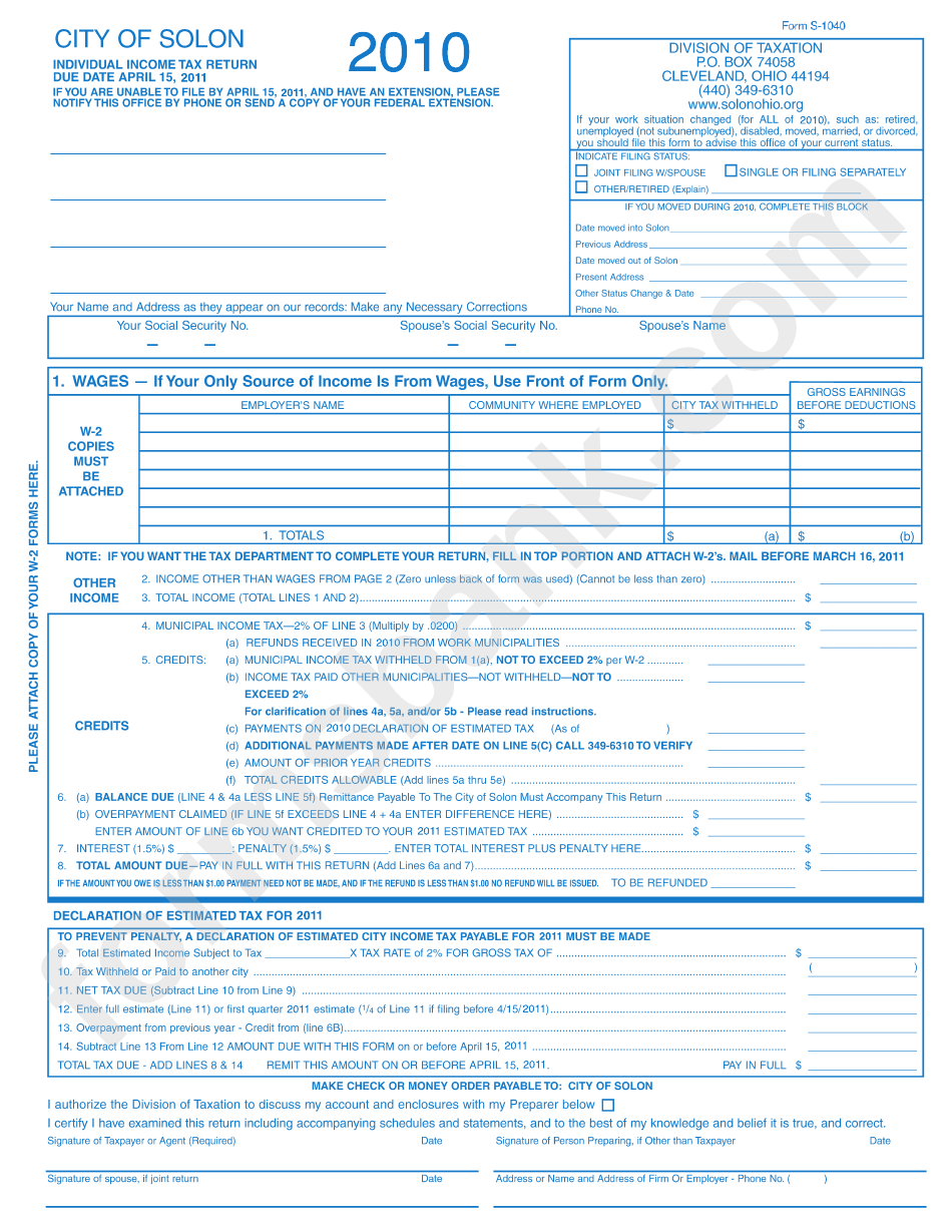 Form S-1040 - Individual Income Tax Return - City Of Solon - 2010