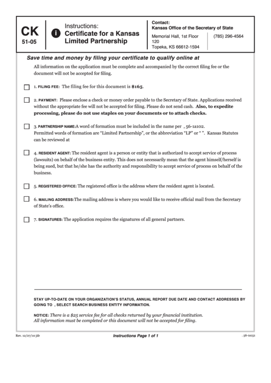 Form Ck-51-05 - Certificate For A Kansas Limited Partnership - 2010 Printable pdf