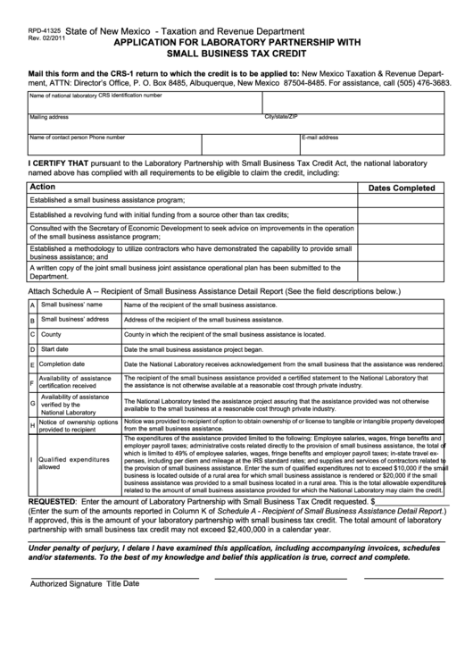 Form Rpd-41325 - Application For Laboratory Partnership With Small Business Tax Credit - 2011 Printable pdf