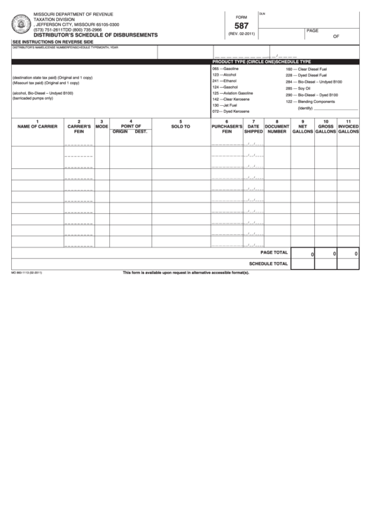 Fillable Form 587 Distributor'S Schedule Of Disbursements printable
