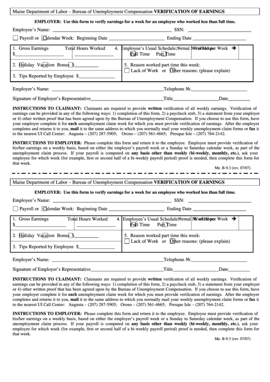 Form Me. B-9.3 - Verification Of Earning Printable pdf