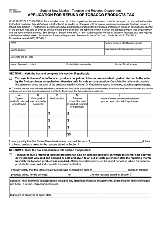 Form Rpd-41318 - Application For Refund Of Tobacco Products Tax - 2011 Printable pdf