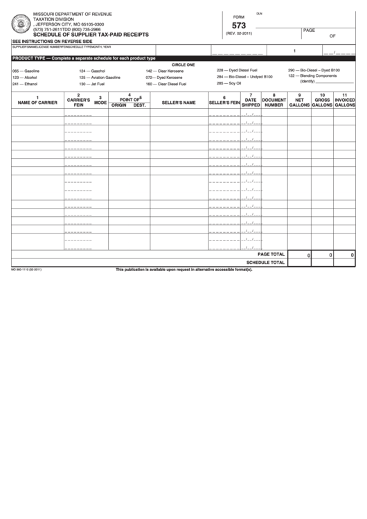 Fillable Form 573 - Schedule Of Supplier Tax-Paid Receipts (2011) Printable pdf