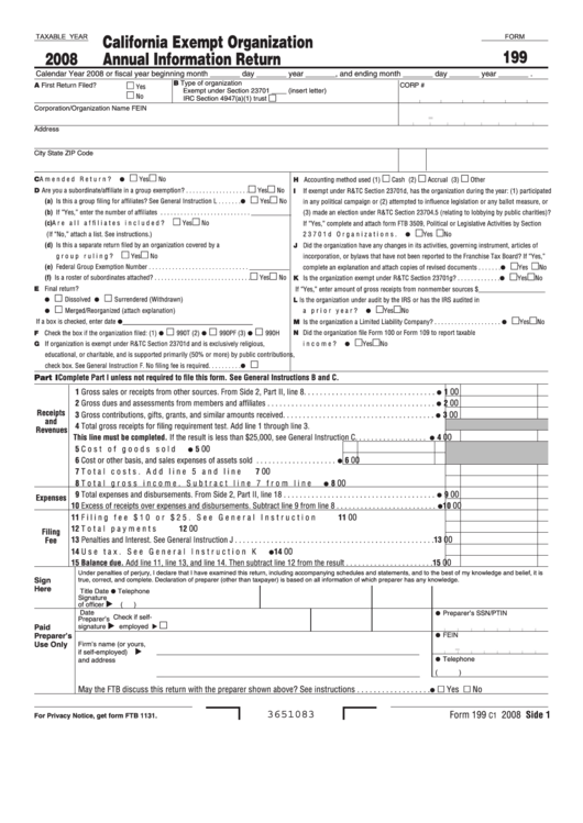 Fillable Form 199 - California Exempt Organization Annual Information Return - 2008 Printable pdf