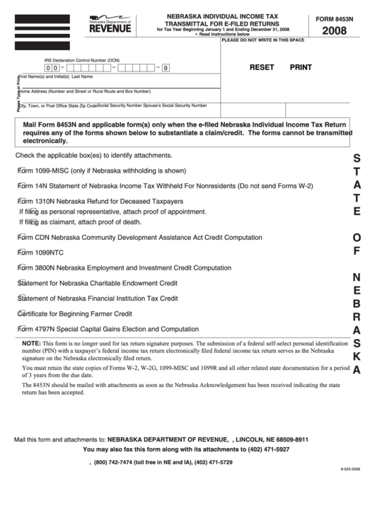 Fillable Form 8453n - Nebraska Individual Income Tax Transmittal For E-Filed Returns - 2008 Printable pdf