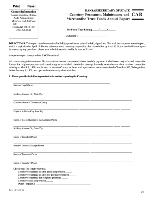 Fillable Form Car - Cemetery Permanent Maintenance And Merchandise Trust Funds Annual Report Form - Secretary Of State Printable pdf
