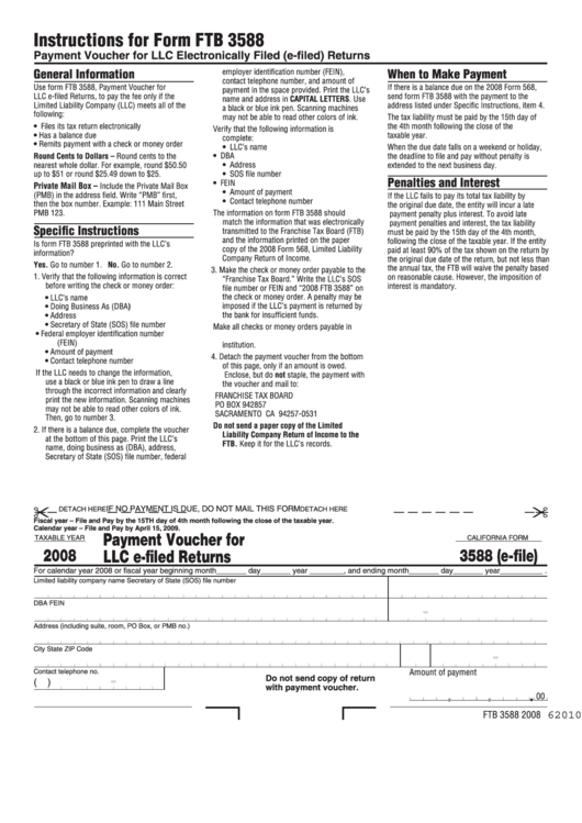 Fillable California Form Ftb 3588 - Payment Voucher For Llc E-Filed Returns - 2008 Printable pdf