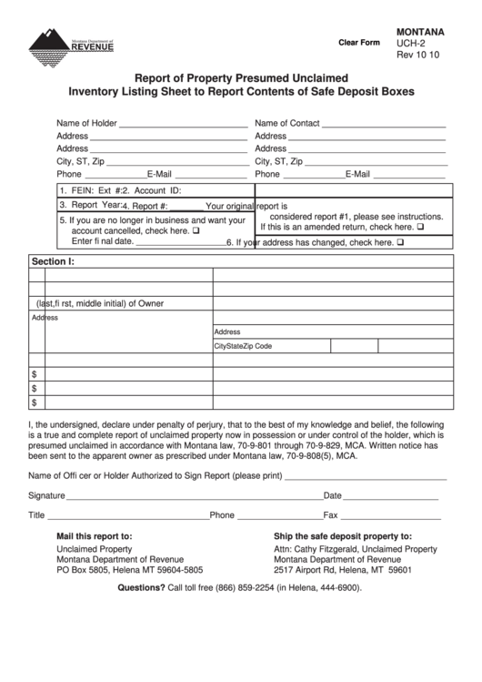 Fillable Montana Form Uch-2 - Report Of Property Presumed Unclaimed Inventory Listing Sheet To Report Contents Of Safe Deposit Boxes Printable pdf