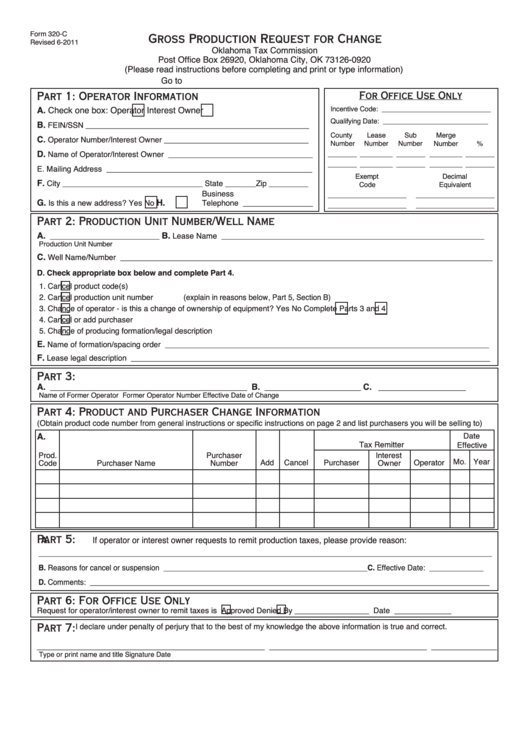 Form 320-C - Gross Production Request For Change - 2011 Printable pdf