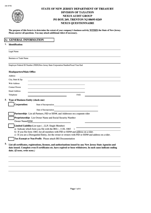 Fillable Nexus Questionaire Form - Division Of Taxation Nexus Audit Group - 2010 Printable pdf