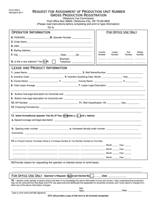 Form 320-A - Request For Assignment Of Production Unit Number Gross Production Registration - 2011 Printable pdf