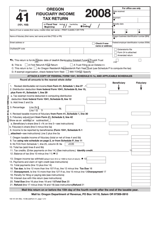 Fillable Form 41 - Oregon Fiduciary Income Tax Return - 2008 Printable pdf