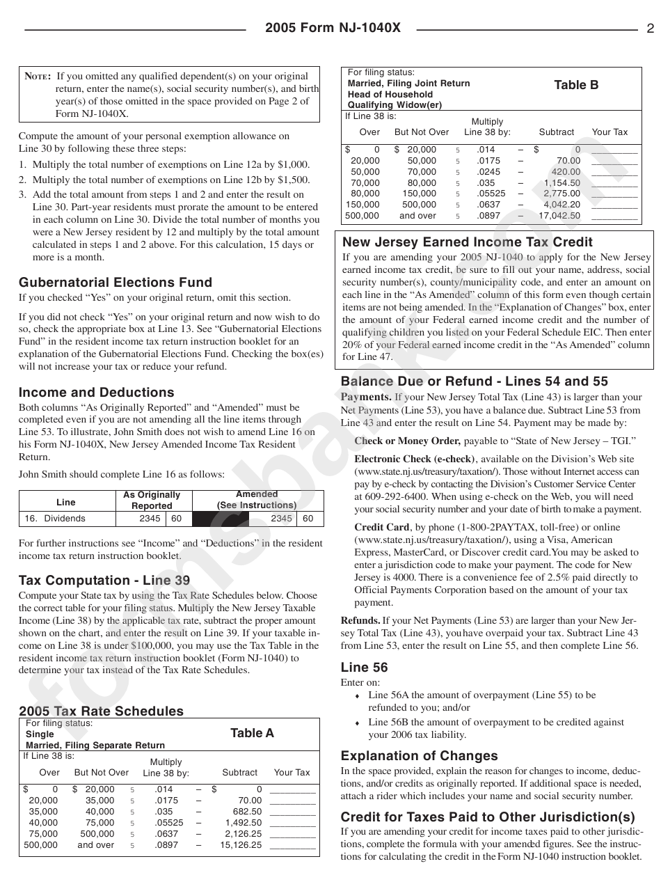 Amended Income Tax Resident Return & Instructions (Form Nj-1040x) - 2005