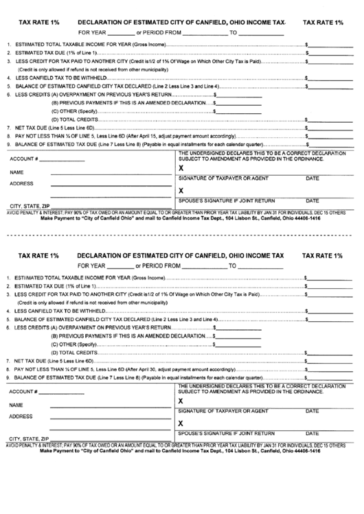 Declaration Of Estimated City Of Canfield, Ohio Income Tax Form ...