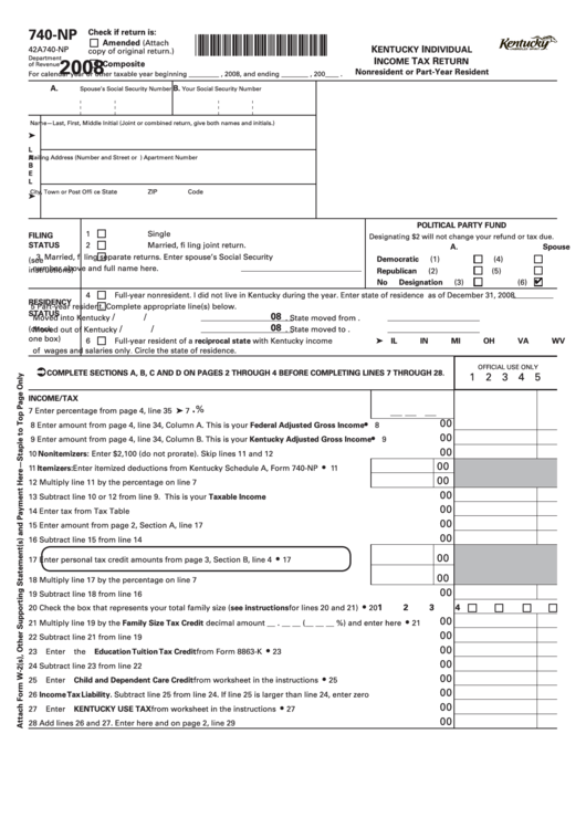 Fillable Form 740-Np - Individual Income Tax Return Nonresident Or Part-Year Resident - 2008 Printable pdf