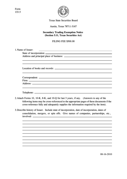 Fillable Form 133.5 - Secondary Trading Exemption Notice (Section 5.o, Texas Securities Act) Printable pdf