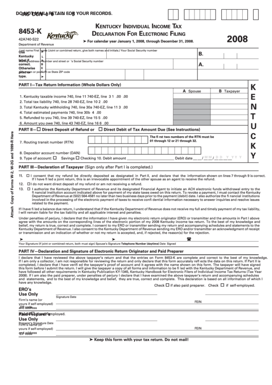 Form 8453-K - Kentucky Individual Income Tax Declaration For Electronic Filing - 2008 Printable pdf