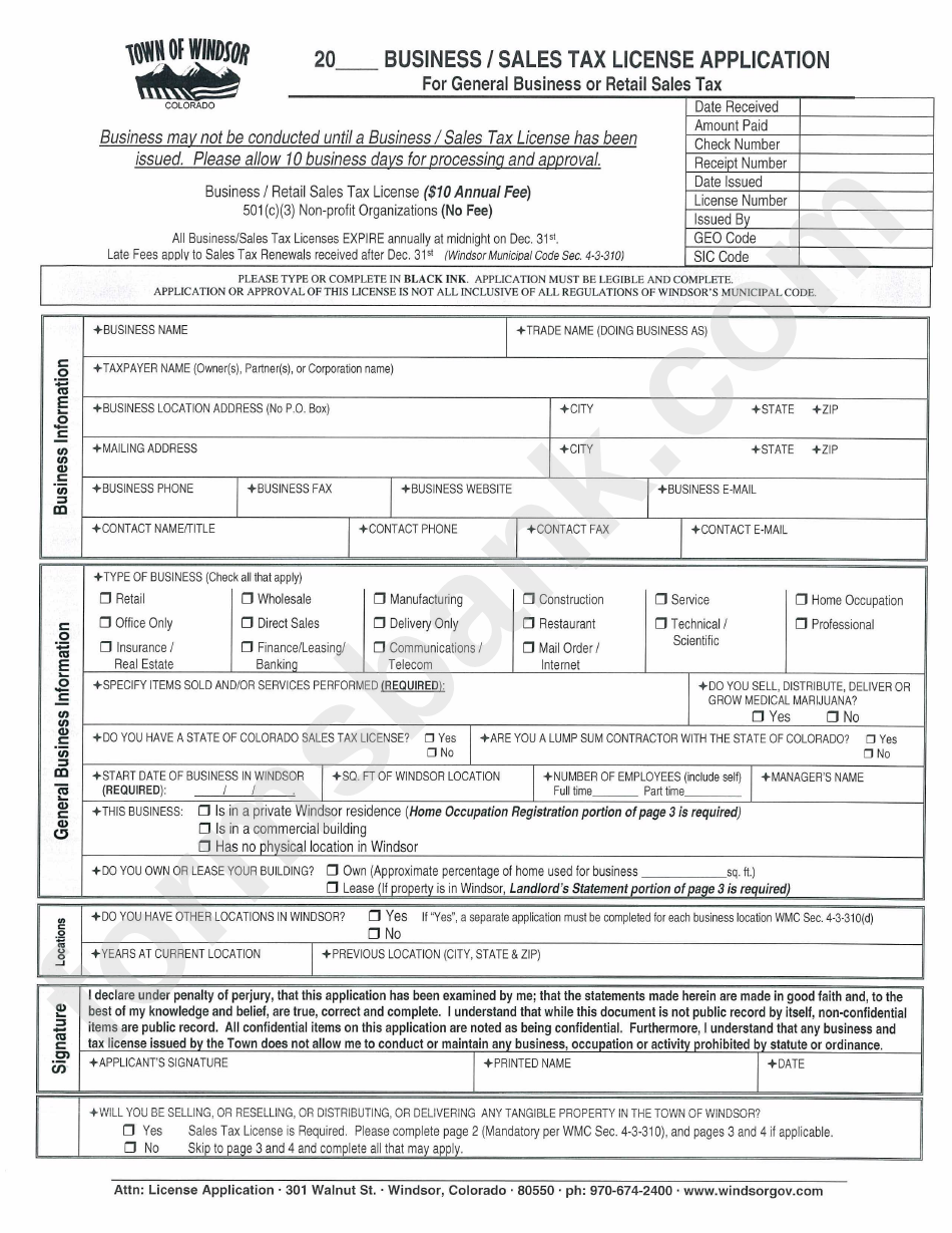 Business/sales Tax License Application Town Of Windsor printable pdf