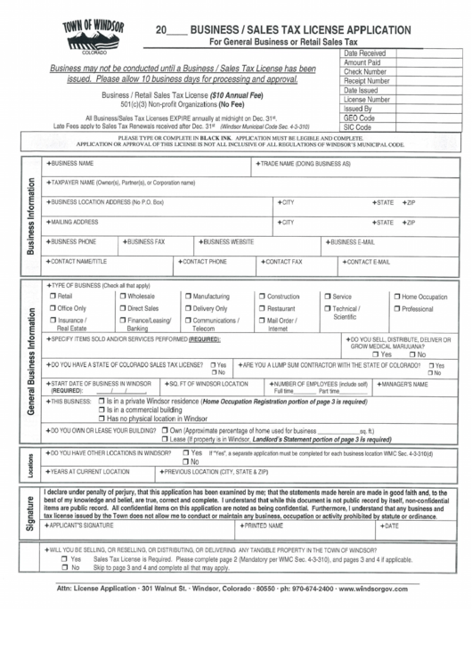 Business/sales Tax License Application Town Of Windsor printable pdf