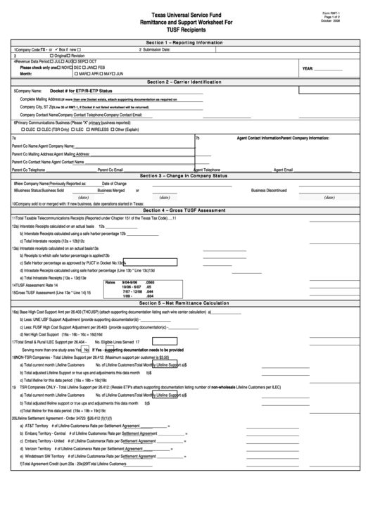 Form Rmt-1 - Remittance And Support Worksheet For Tusf Recipients - 2008 Printable pdf